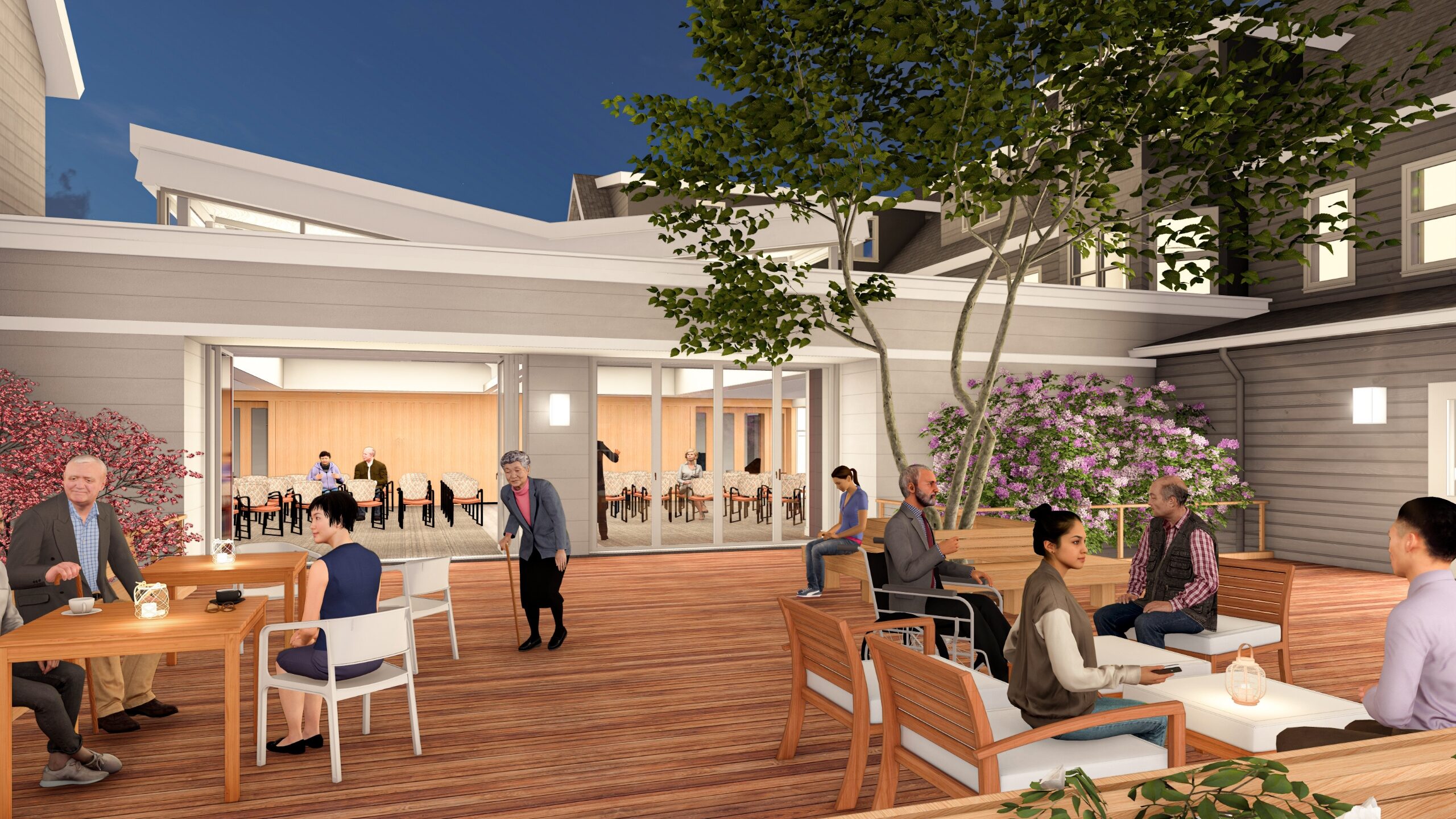 Rendering of new outdoor terrace featuring people of all ages, outside window to a new lecture hall